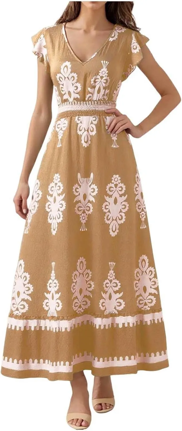 Womens Summer Maxi Dress Floral Printed Casual Sleeveless Spaghetti Strap Elastic Waist Ruffle Beach Sundress 2025 Vacation