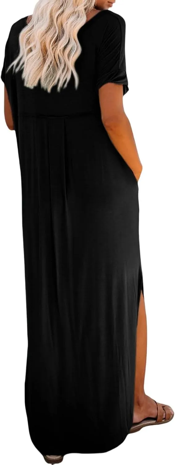 Women's Summer Maxi Dress Short Sleeve V Neck Long T Shirt Dresses Casual Loose Beach Vacation Split Dresses Pockets