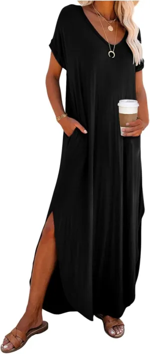 Women's Summer Maxi Dress Short Sleeve V Neck Long T Shirt Dresses Casual Loose Beach Vacation Split Dresses Pockets