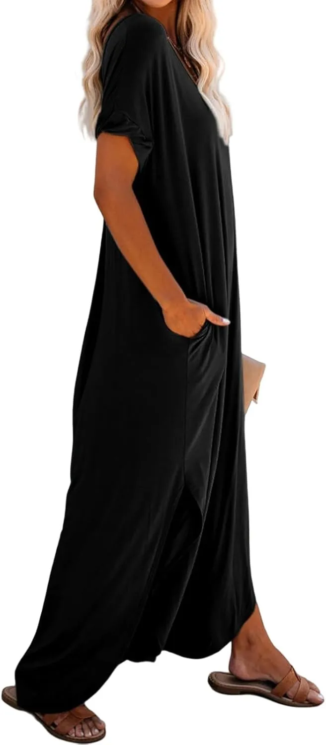 Women's Summer Maxi Dress Short Sleeve V Neck Long T Shirt Dresses Casual Loose Beach Vacation Split Dresses Pockets