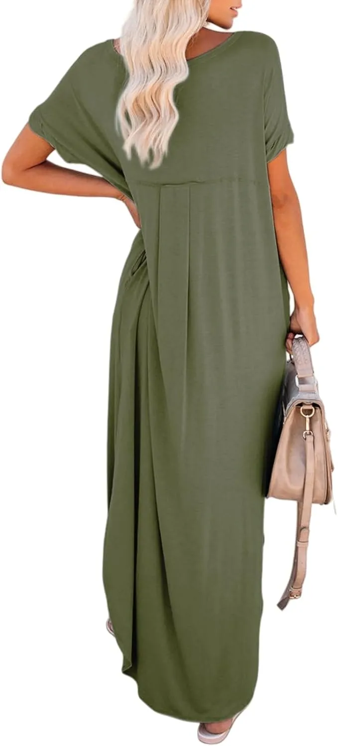 Women's Summer Maxi Dress Short Sleeve V Neck Long T Shirt Dresses Casual Loose Beach Vacation Split Dresses Pockets