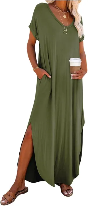 Women's Summer Maxi Dress Short Sleeve V Neck Long T Shirt Dresses Casual Loose Beach Vacation Split Dresses Pockets