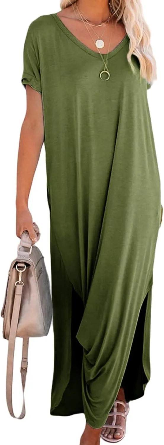 Women's Summer Maxi Dress Short Sleeve V Neck Long T Shirt Dresses Casual Loose Beach Vacation Split Dresses Pockets