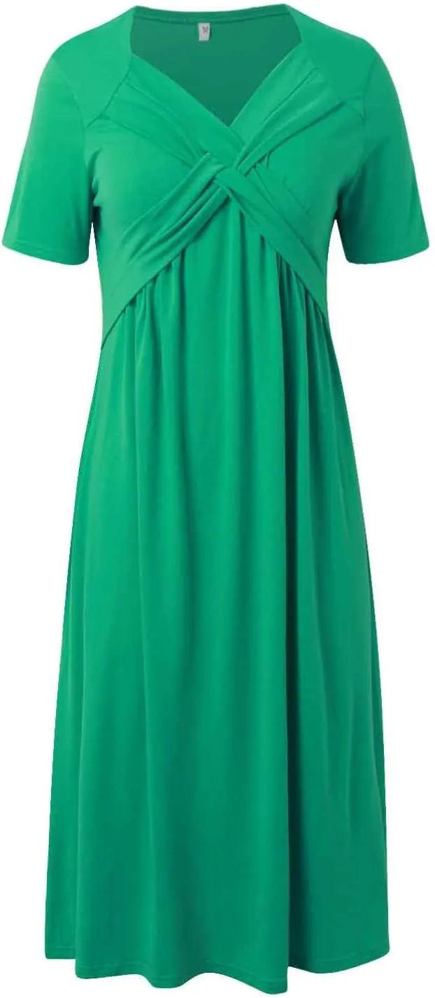 Womens Summer Midi Dress Casual Short Sleeve A-Line Cotton Linen Dress Flowly Beach Tunic Sundresses with Pockets 2025