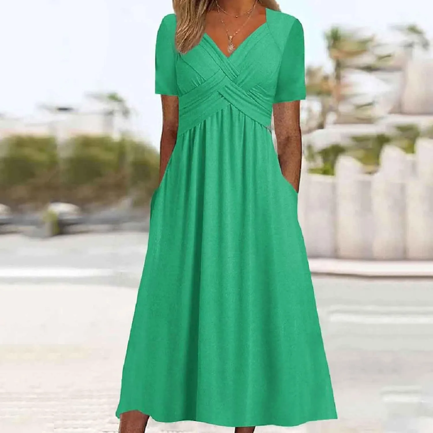 Womens Summer Midi Dress Casual Short Sleeve A-Line Cotton Linen Dress Flowly Beach Tunic Sundresses with Pockets 2025