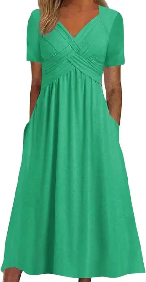 Womens Summer Midi Dress Casual Short Sleeve A-Line Cotton Linen Dress Flowly Beach Tunic Sundresses with Pockets 2025