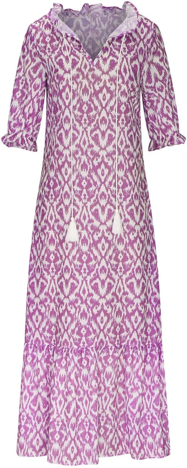 Women's Summer Ruffle Maxi Dresses Trendy Floral A-Line Swing Dress Casual 3/4 Sleeve V Neck Flowy Boho Long Dress