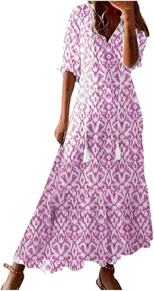 Women's Summer Ruffle Maxi Dresses Trendy Floral A-Line Swing Dress Casual 3/4 Sleeve V Neck Flowy Boho Long Dress