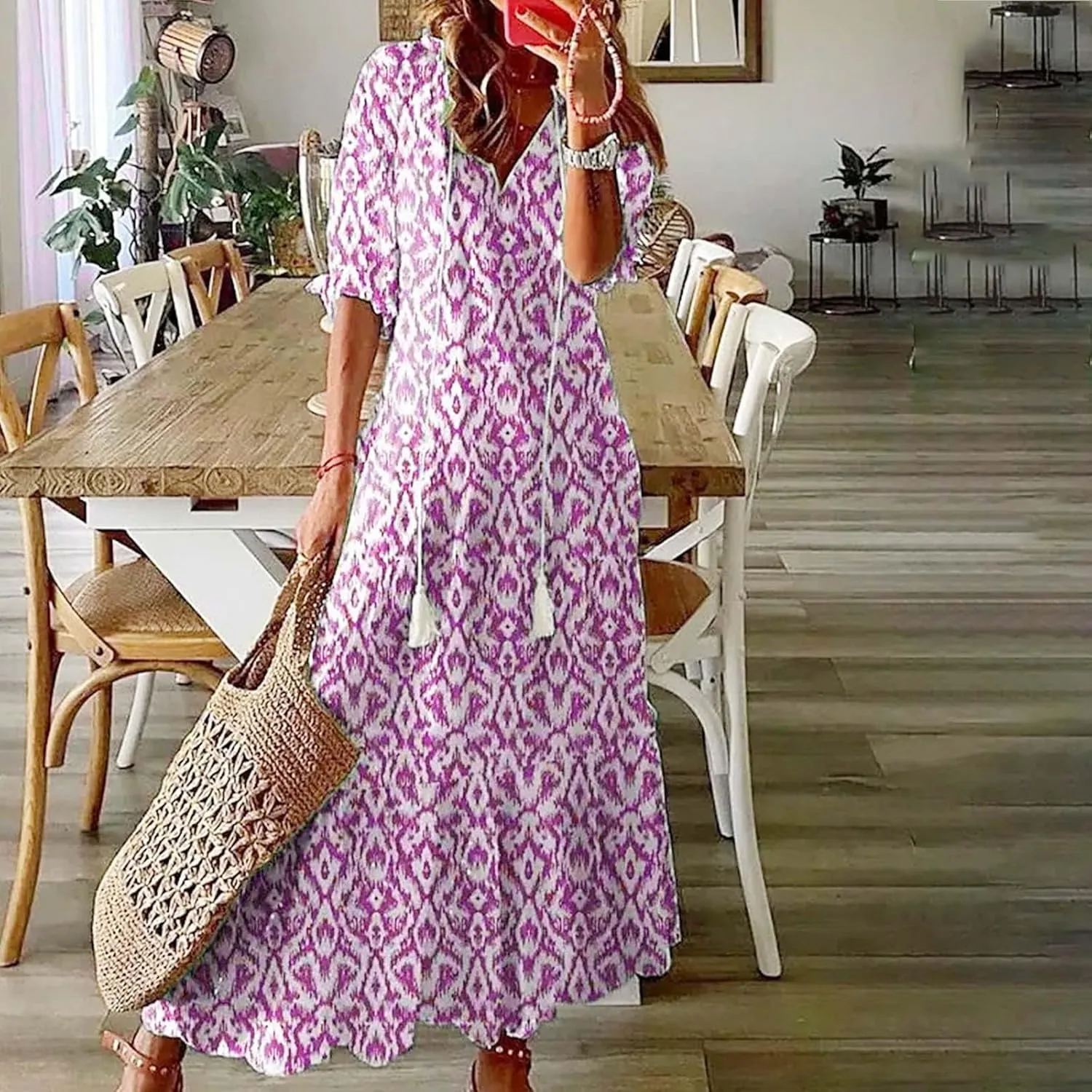 Women's Summer Ruffle Maxi Dresses Trendy Floral A-Line Swing Dress Casual 3/4 Sleeve V Neck Flowy Boho Long Dress