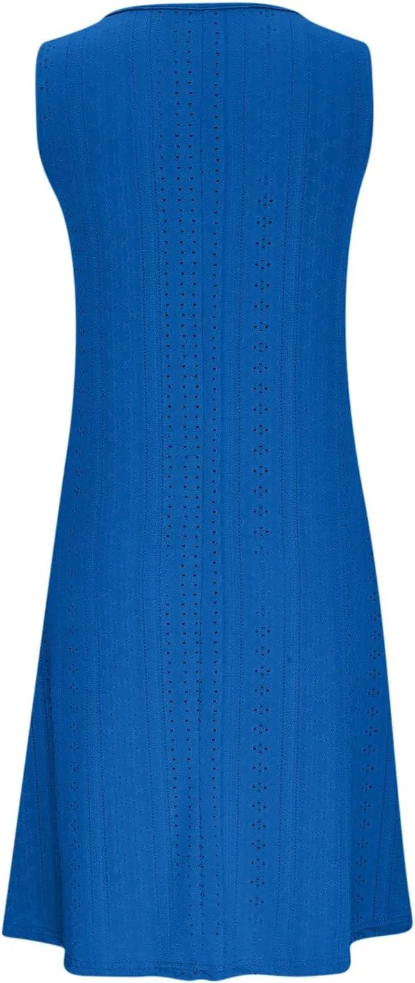 Women's Summer Sleeveless Dress V Neck Casual Loose Fit Sundress Lace Hollow Out A-Line Flowy Beach Dresses