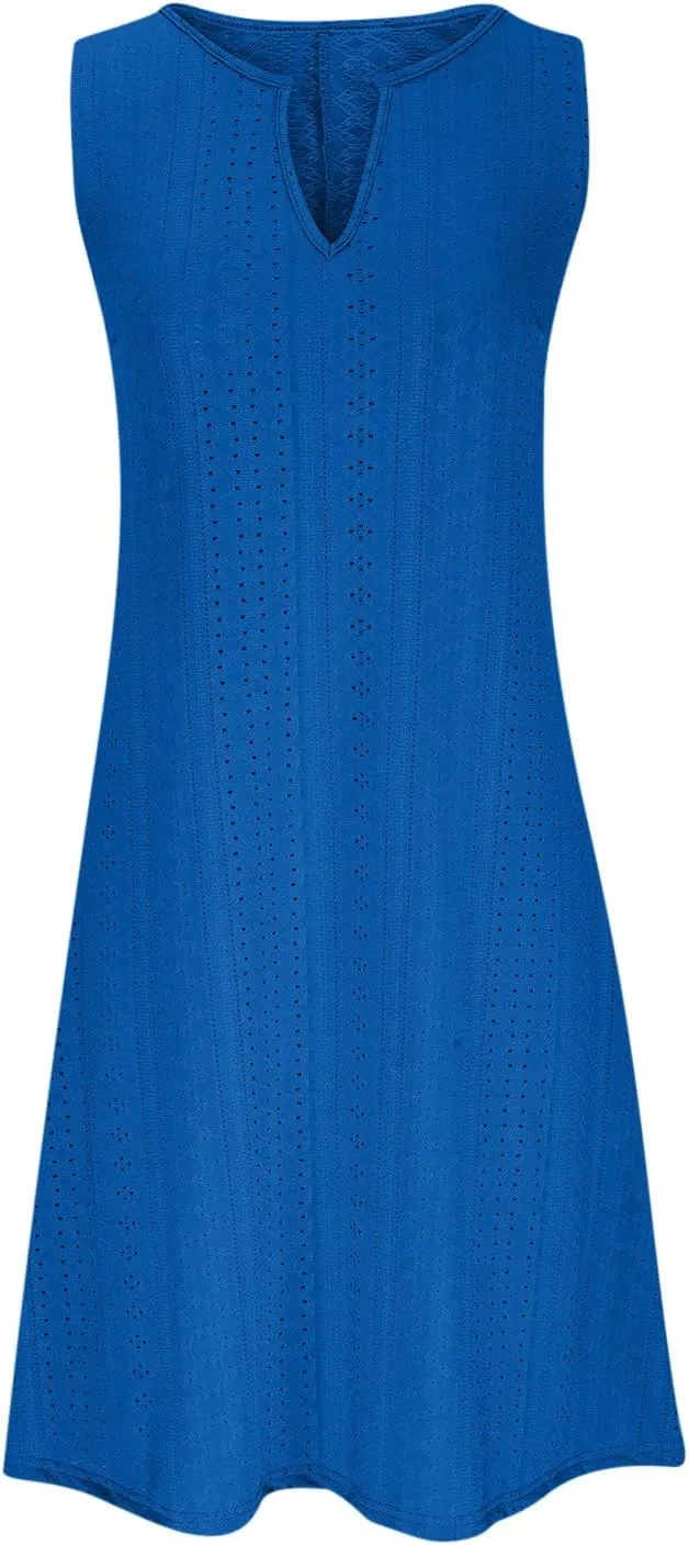 Women's Summer Sleeveless Dress V Neck Casual Loose Fit Sundress Lace Hollow Out A-Line Flowy Beach Dresses