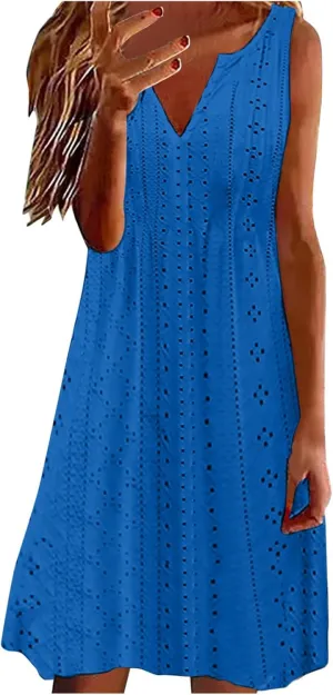 Women's Summer Sleeveless Dress V Neck Casual Loose Fit Sundress Lace Hollow Out A-Line Flowy Beach Dresses