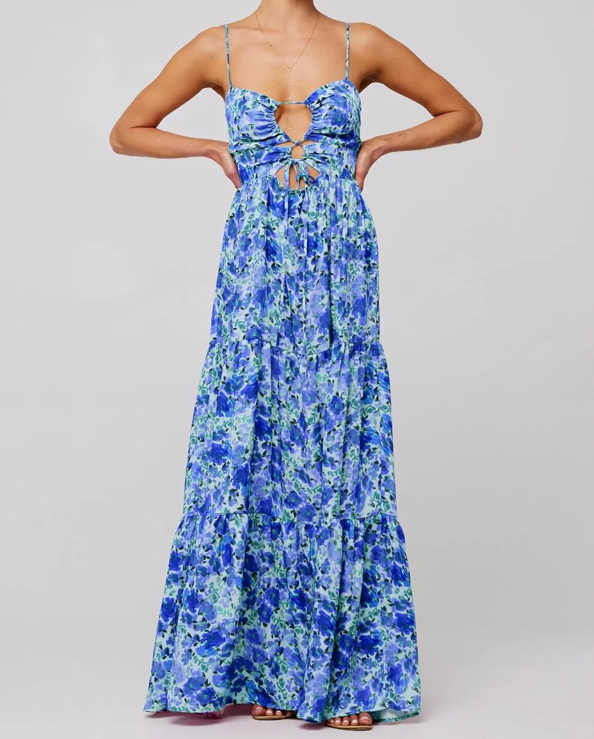 Womens Summer Spaghetti Strap Long Dress Boho Low Cut Floral Dress Backless Flowy Midi Dress, Summer Beach Sundress