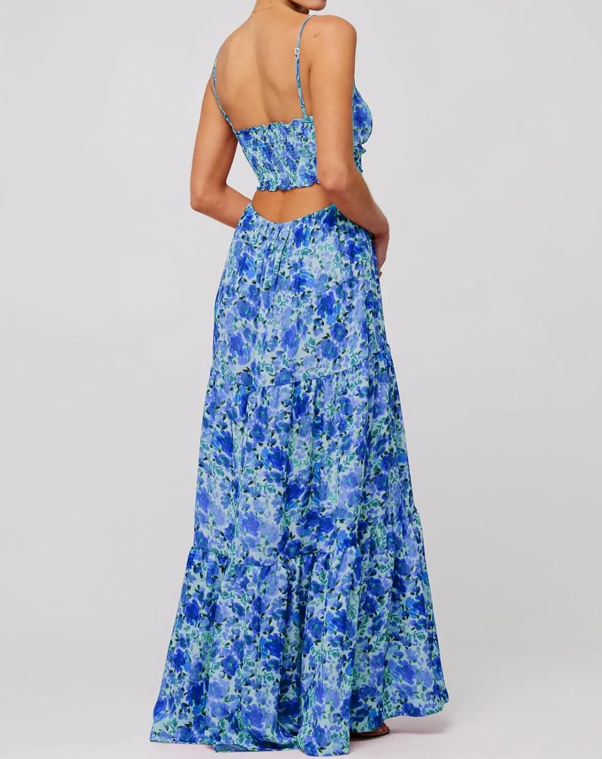 Womens Summer Spaghetti Strap Long Dress Boho Low Cut Floral Dress Backless Flowy Midi Dress, Summer Beach Sundress