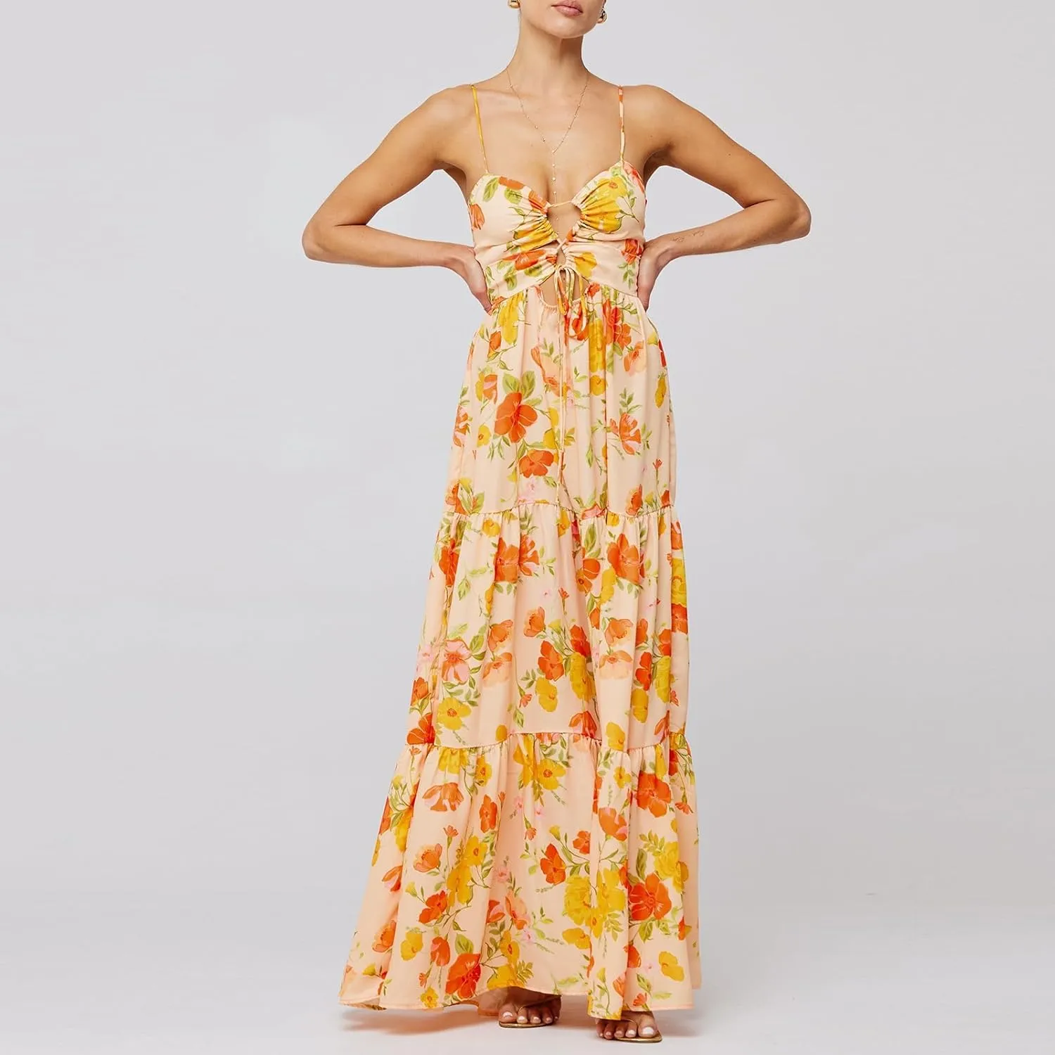 Womens Summer Spaghetti Strap Long Dress Boho Low Cut Floral Dress Backless Flowy Midi Dress, Summer Beach Sundress