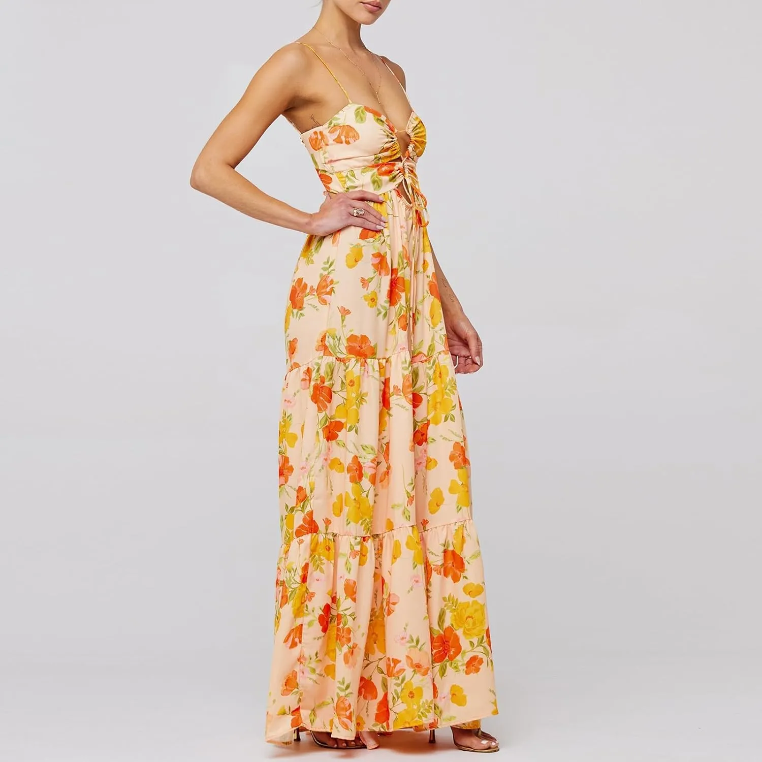 Womens Summer Spaghetti Strap Long Dress Boho Low Cut Floral Dress Backless Flowy Midi Dress, Summer Beach Sundress