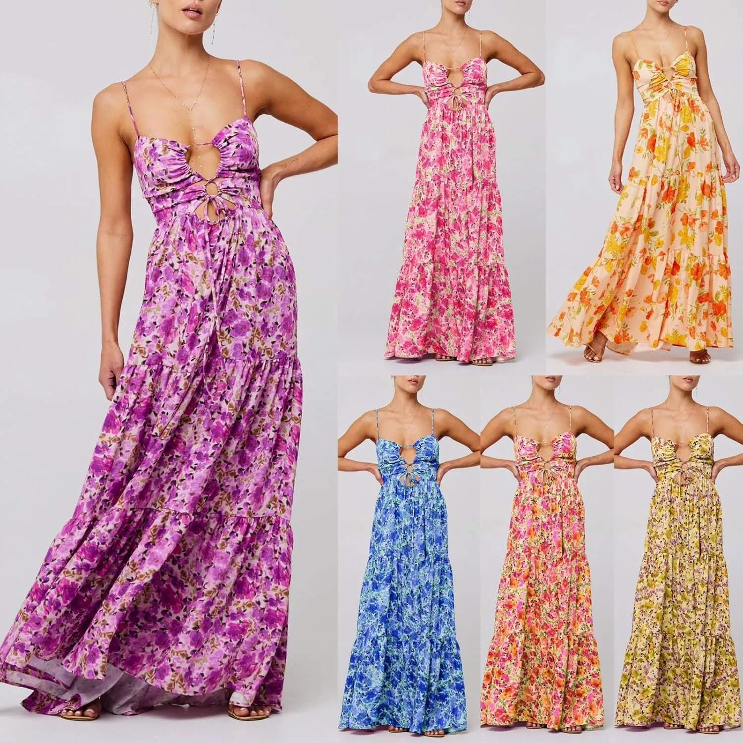 Womens Summer Spaghetti Strap Long Dress Boho Low Cut Floral Dress Backless Flowy Midi Dress, Summer Beach Sundress