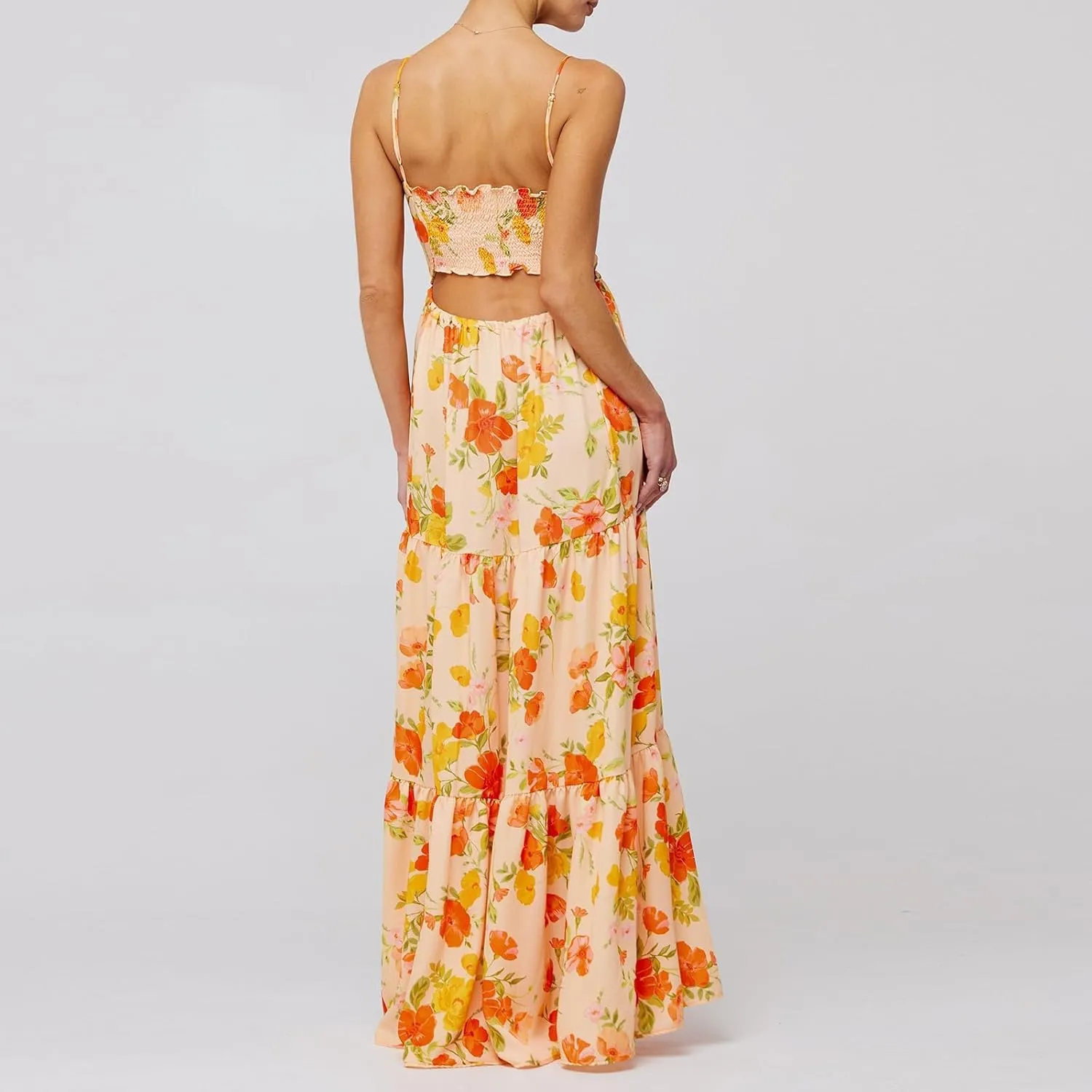 Womens Summer Spaghetti Strap Long Dress Boho Low Cut Floral Dress Backless Flowy Midi Dress, Summer Beach Sundress