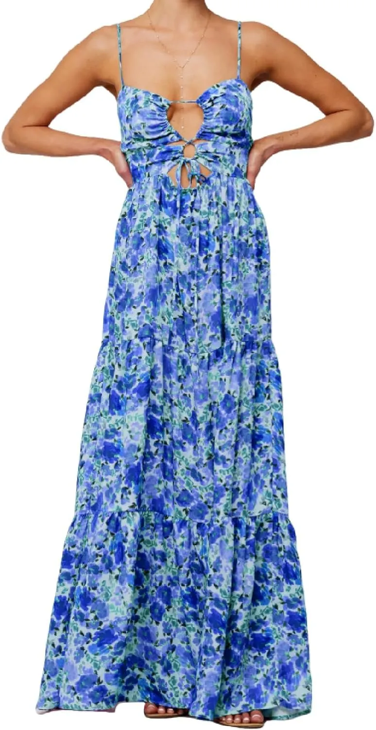 Womens Summer Spaghetti Strap Long Dress Boho Low Cut Floral Dress Backless Flowy Midi Dress, Summer Beach Sundress