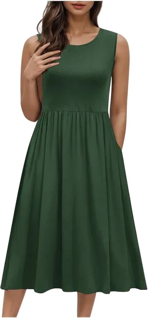 Women's Summer Tank Midi Dress with Pockets, Sleeveless A-Line Sun Dresses Casual T-Shirt Dress Flowy Beach Sundress