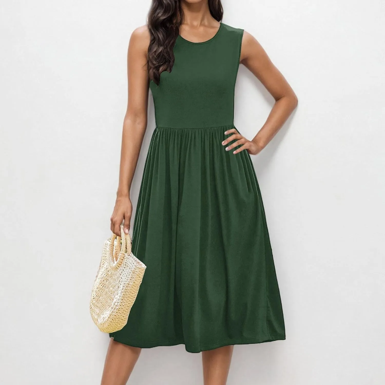 Women's Summer Tank Midi Dress with Pockets, Sleeveless A-Line Sun Dresses Casual T-Shirt Dress Flowy Beach Sundress