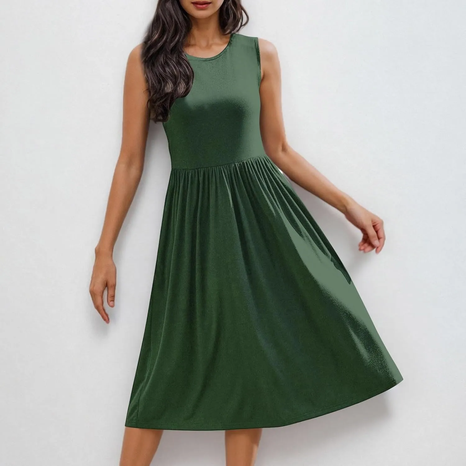 Women's Summer Tank Midi Dress with Pockets, Sleeveless A-Line Sun Dresses Casual T-Shirt Dress Flowy Beach Sundress