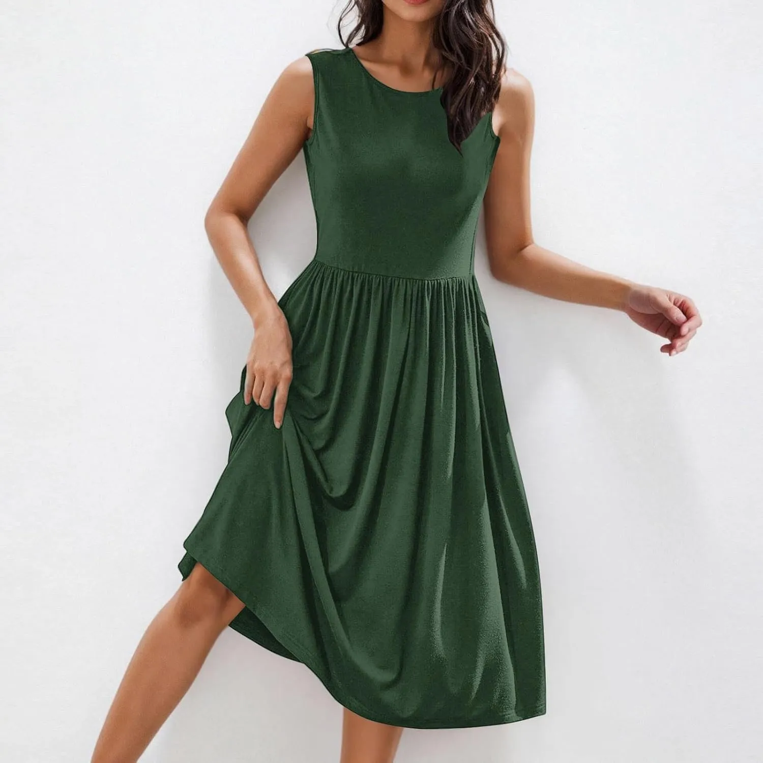 Women's Summer Tank Midi Dress with Pockets, Sleeveless A-Line Sun Dresses Casual T-Shirt Dress Flowy Beach Sundress