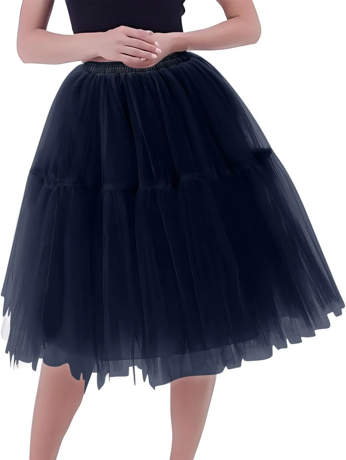Women's Tulle Skirts Midi Elastic High Waisted Petticoat Pleated Mesh A-Line Party Long Tutu Skirt Under Dress