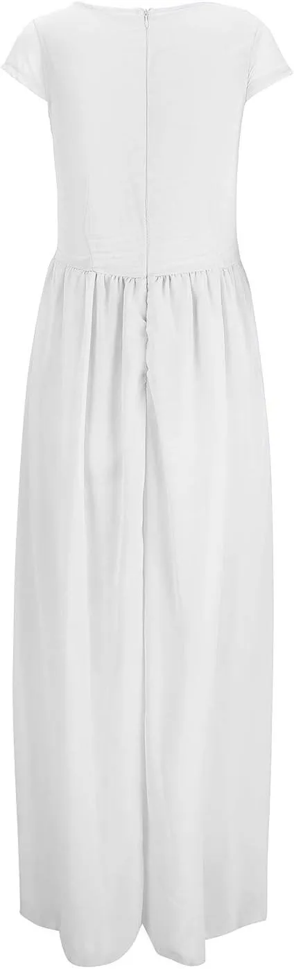 Women's V-Neck Solid Color Short Sleeve Chiffon Waist Closing Evening Dress Clothing Oversized