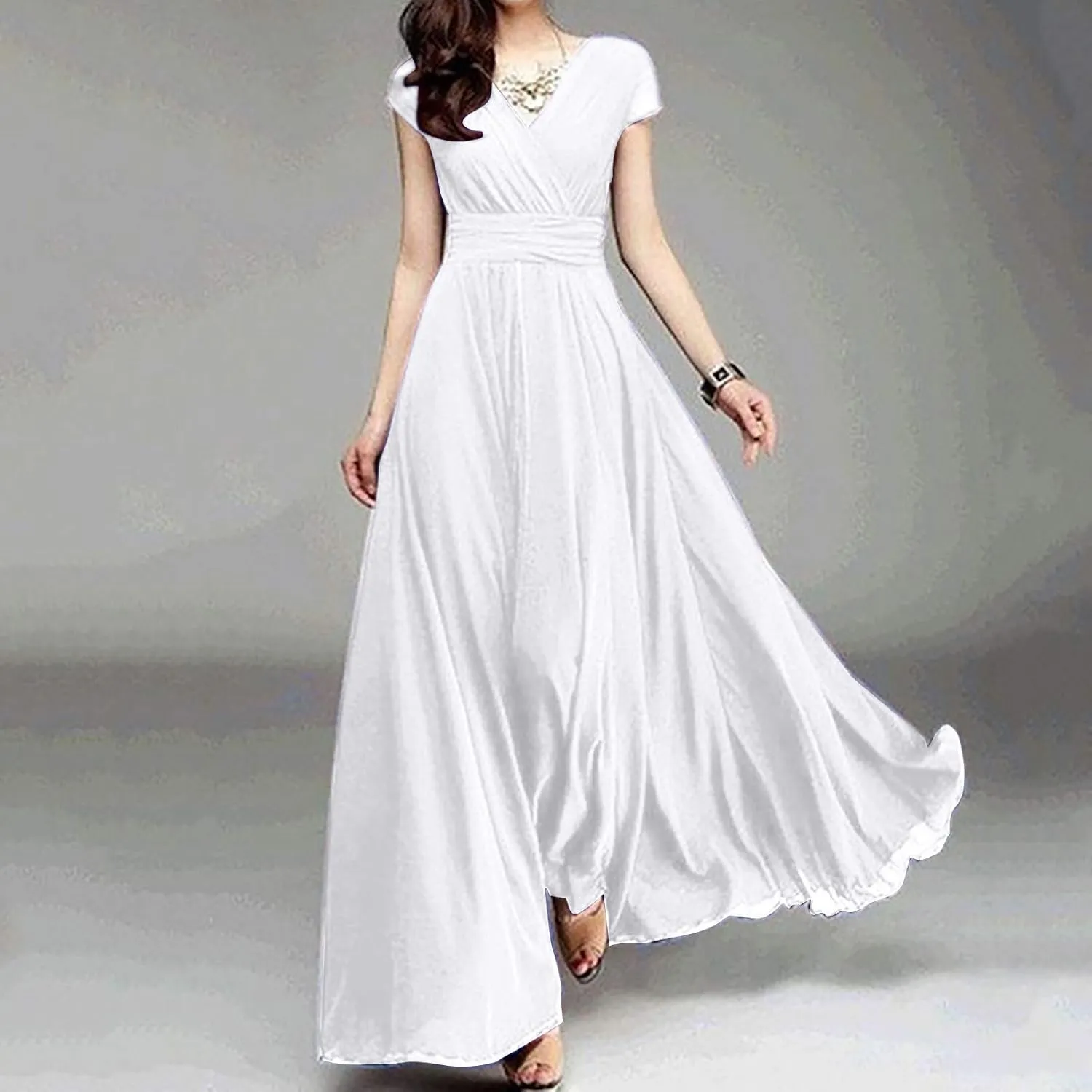 Women's V-Neck Solid Color Short Sleeve Chiffon Waist Closing Evening Dress Clothing Oversized
