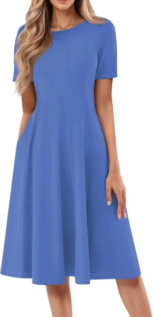 Women's Vacation Dresses 2025 Casual Loose Trendy Short Sleeve Round Neck Solid Color Gradient Midi Plus Size, S-3XL