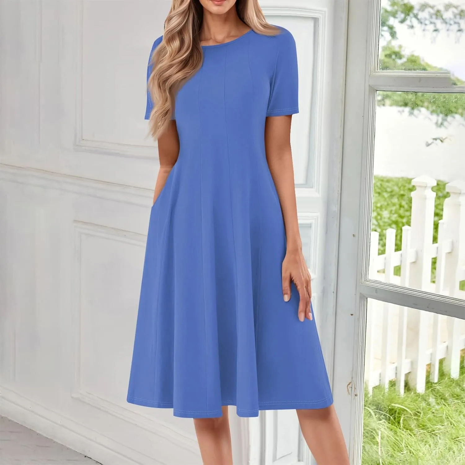 Women's Vacation Dresses 2025 Casual Loose Trendy Short Sleeve Round Neck Solid Color Gradient Midi Plus Size, S-3XL