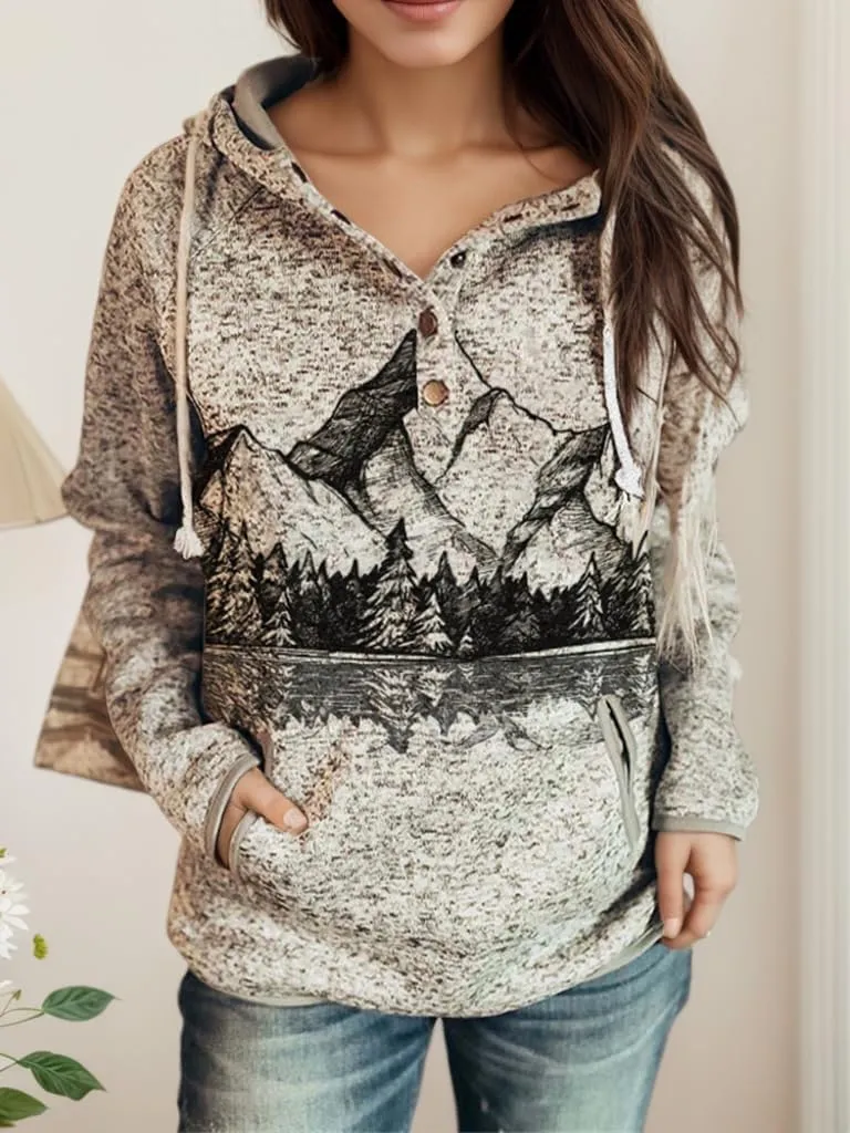 Women's Vintage Aztec Print Long Sleeve Hoodie with Pockets Casual Loose Oversized Half Button Western Sweatshirt