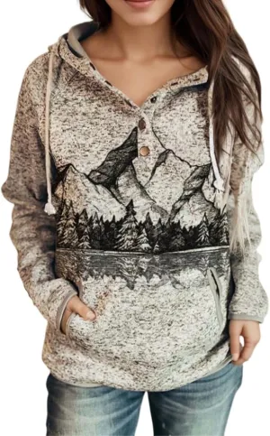 Women's Vintage Aztec Print Long Sleeve Hoodie with Pockets Casual Loose Oversized Half Button Western Sweatshirt