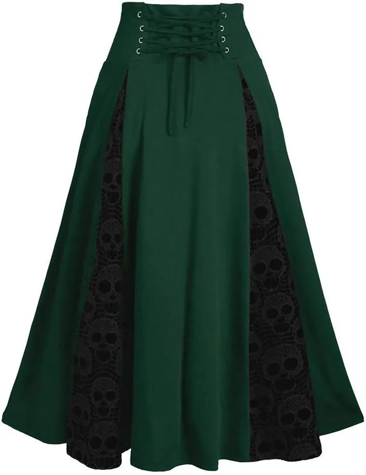 Women's Vintage Gothic Victorian Skirt Lace Patchwork High Waist Midi Skirt Goth Pleated Skirt Steampunk Skirt