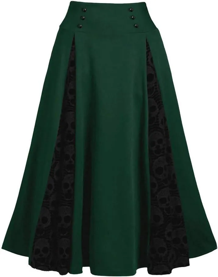 Women's Vintage Gothic Victorian Skirt Lace Patchwork High Waist Midi Skirt Goth Pleated Skirt Steampunk Skirt