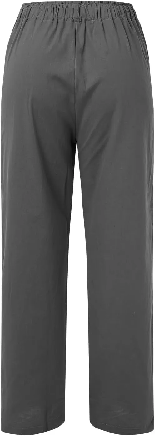 Women's Wide Leg Cotton Linen Pants Dressy Casual High Waist Palazzo Pant Lounge Button Up Trouser with Pocket