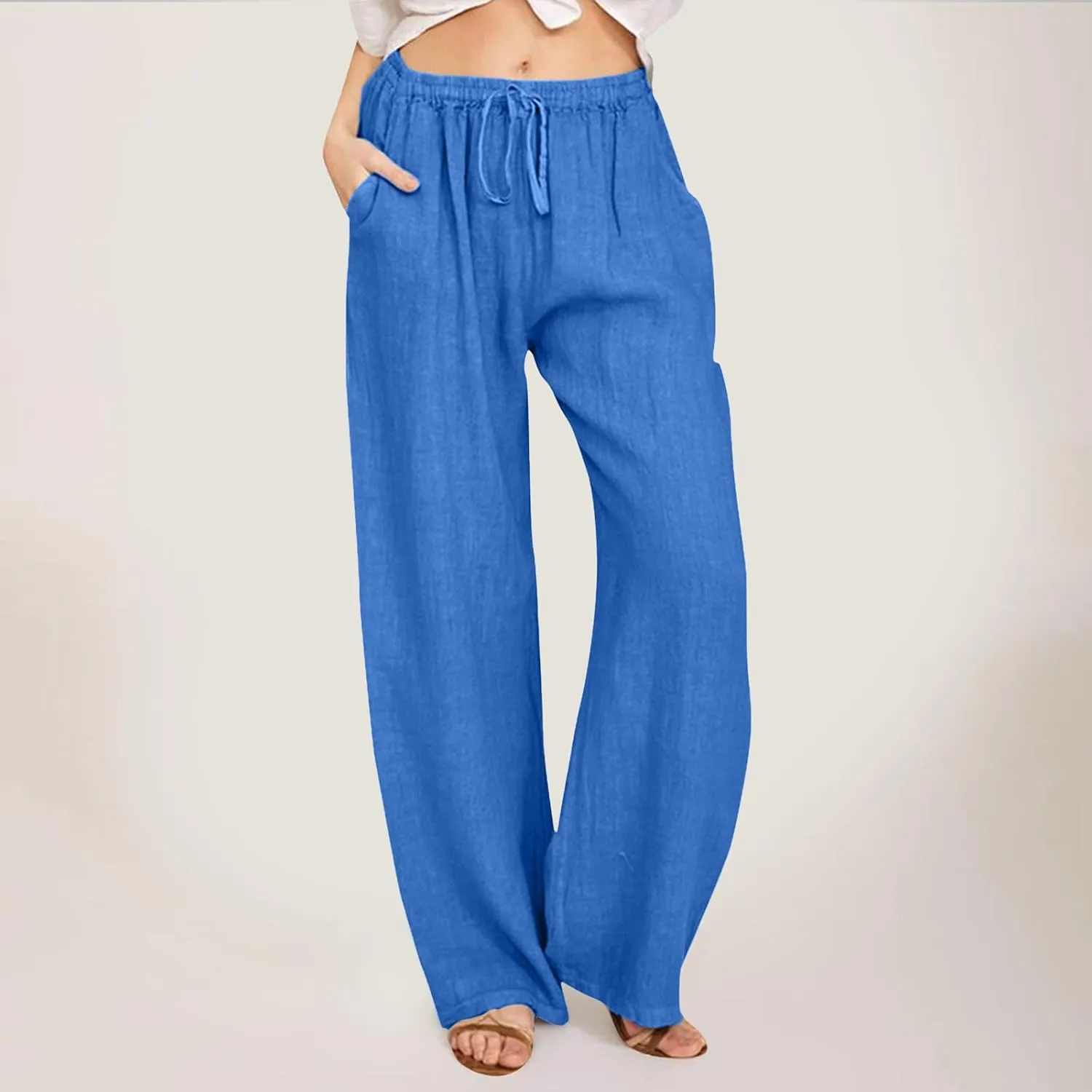 Women's Wide Leg Cotton Linen Pants Dressy Casual High Waist Palazzo Pant Lounge Button Up Trouser with Pocket