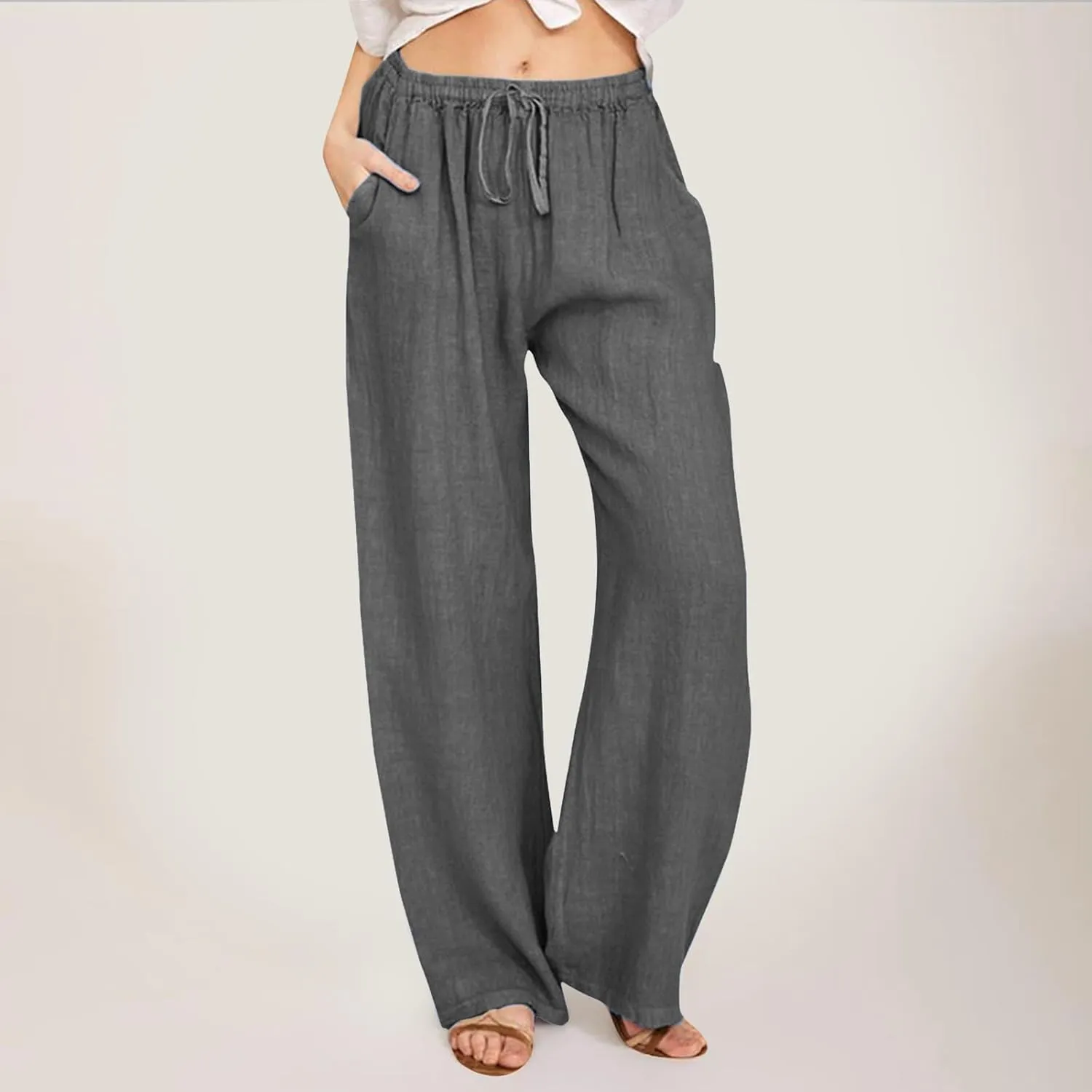 Women's Wide Leg Cotton Linen Pants Dressy Casual High Waist Palazzo Pant Lounge Button Up Trouser with Pocket