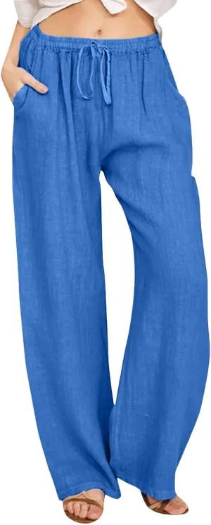 Women's Wide Leg Cotton Linen Pants Dressy Casual High Waist Palazzo Pant Lounge Button Up Trouser with Pocket