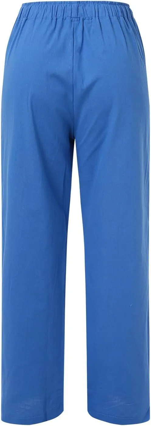 Women's Wide Leg Cotton Linen Pants Dressy Casual High Waist Palazzo Pant Lounge Button Up Trouser with Pocket