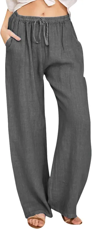 Women's Wide Leg Cotton Linen Pants Dressy Casual High Waist Palazzo Pant Lounge Button Up Trouser with Pocket