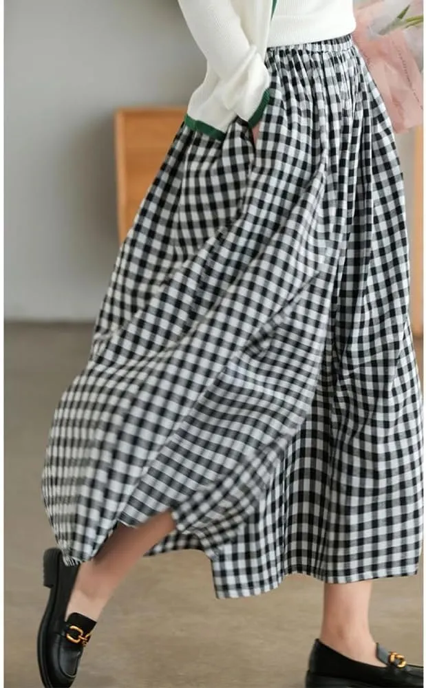 Womens Wide Leg Elastic Waist Cotton Linen Pants Summer Casual Plaid Flowy Baggy Capri Palazzo Pants with Pockets