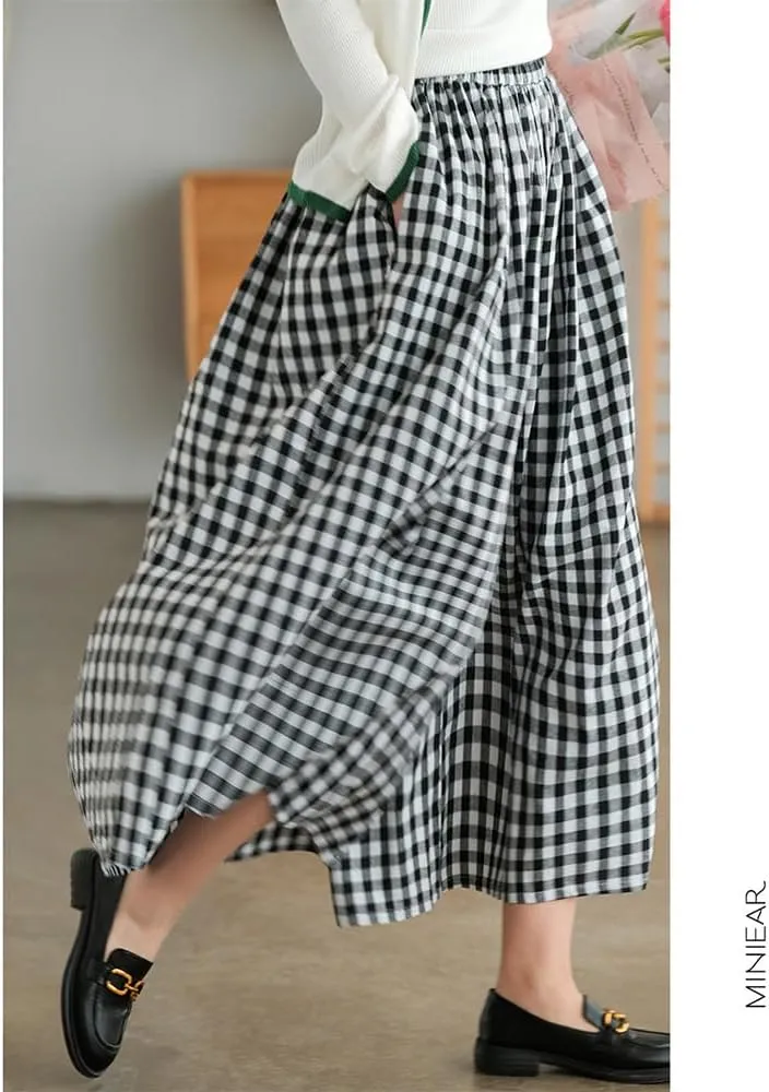 Womens Wide Leg Elastic Waist Cotton Linen Pants Summer Casual Plaid Flowy Baggy Capri Palazzo Pants with Pockets