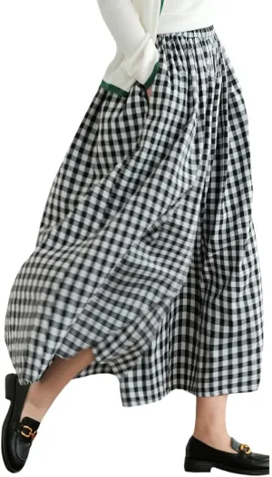 Womens Wide Leg Elastic Waist Cotton Linen Pants Summer Casual Plaid Flowy Baggy Capri Palazzo Pants with Pockets