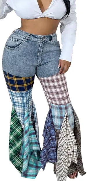 Womens Y2K Harajuku Hippie High Waist Patchwork Flare Jeans Plaid Bell Bottom Ruffle Hem Denim Long Pants Trousers