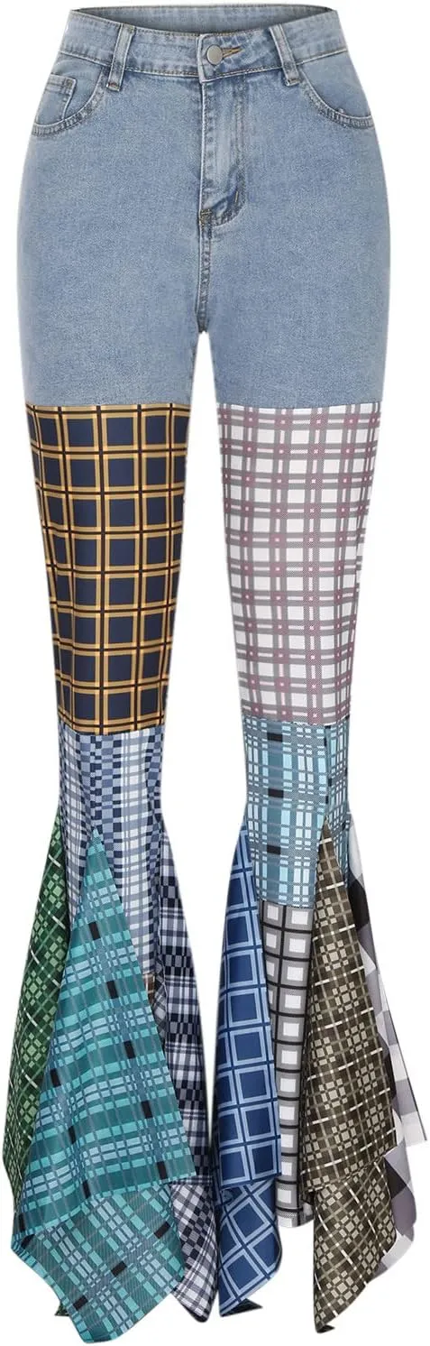 Womens Y2K Harajuku Hippie High Waist Patchwork Flare Jeans Plaid Bell Bottom Ruffle Hem Denim Long Pants Trousers