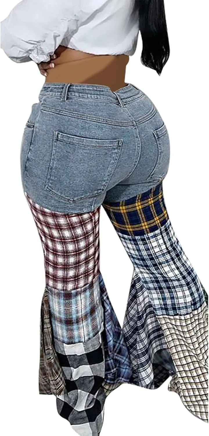 Womens Y2K Harajuku Hippie High Waist Patchwork Flare Jeans Plaid Bell Bottom Ruffle Hem Denim Long Pants Trousers