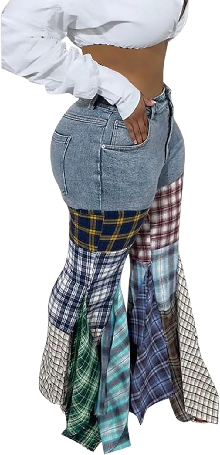 Womens Y2K Harajuku Hippie High Waist Patchwork Flare Jeans Plaid Bell Bottom Ruffle Hem Denim Long Pants Trousers