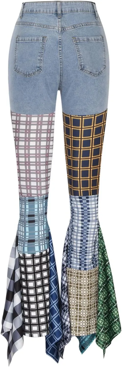 Womens Y2K Harajuku Hippie High Waist Patchwork Flare Jeans Plaid Bell Bottom Ruffle Hem Denim Long Pants Trousers
